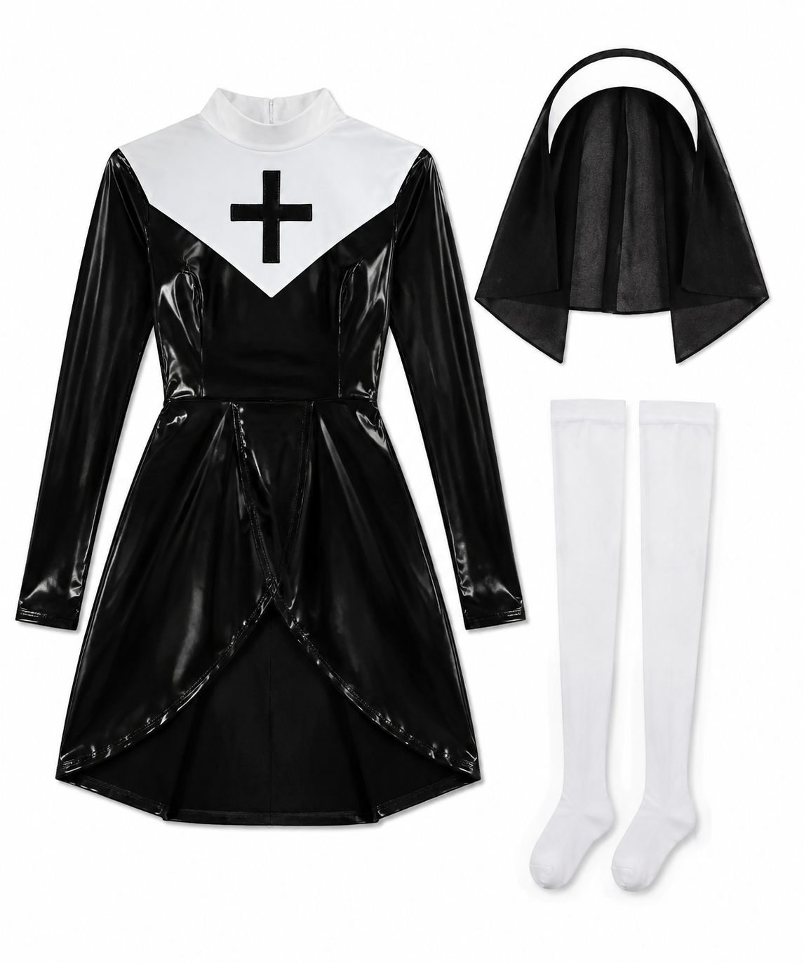 Black & White Gothic Nun Patent Dress