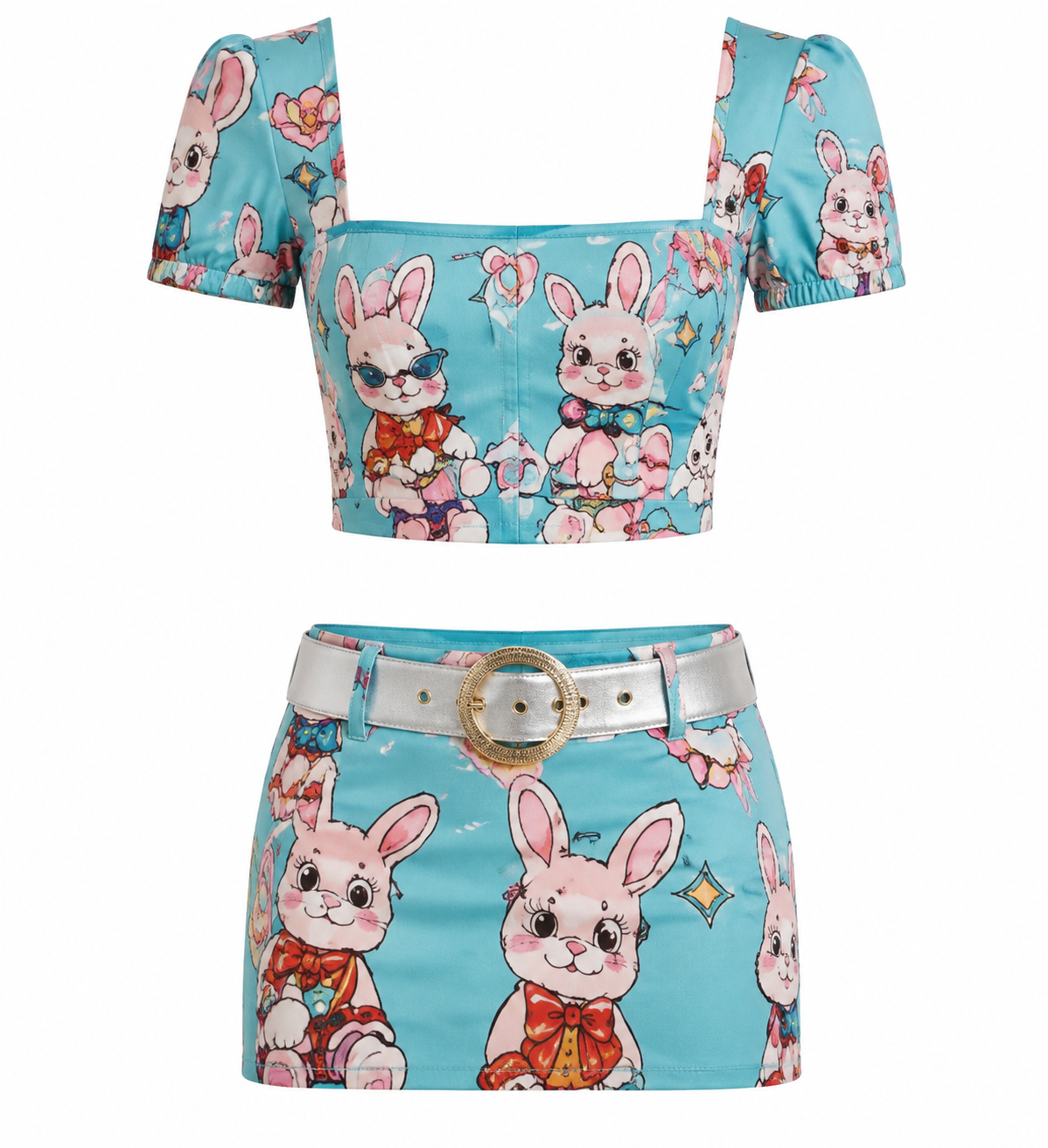Blue Cartoon Bunny Print Set