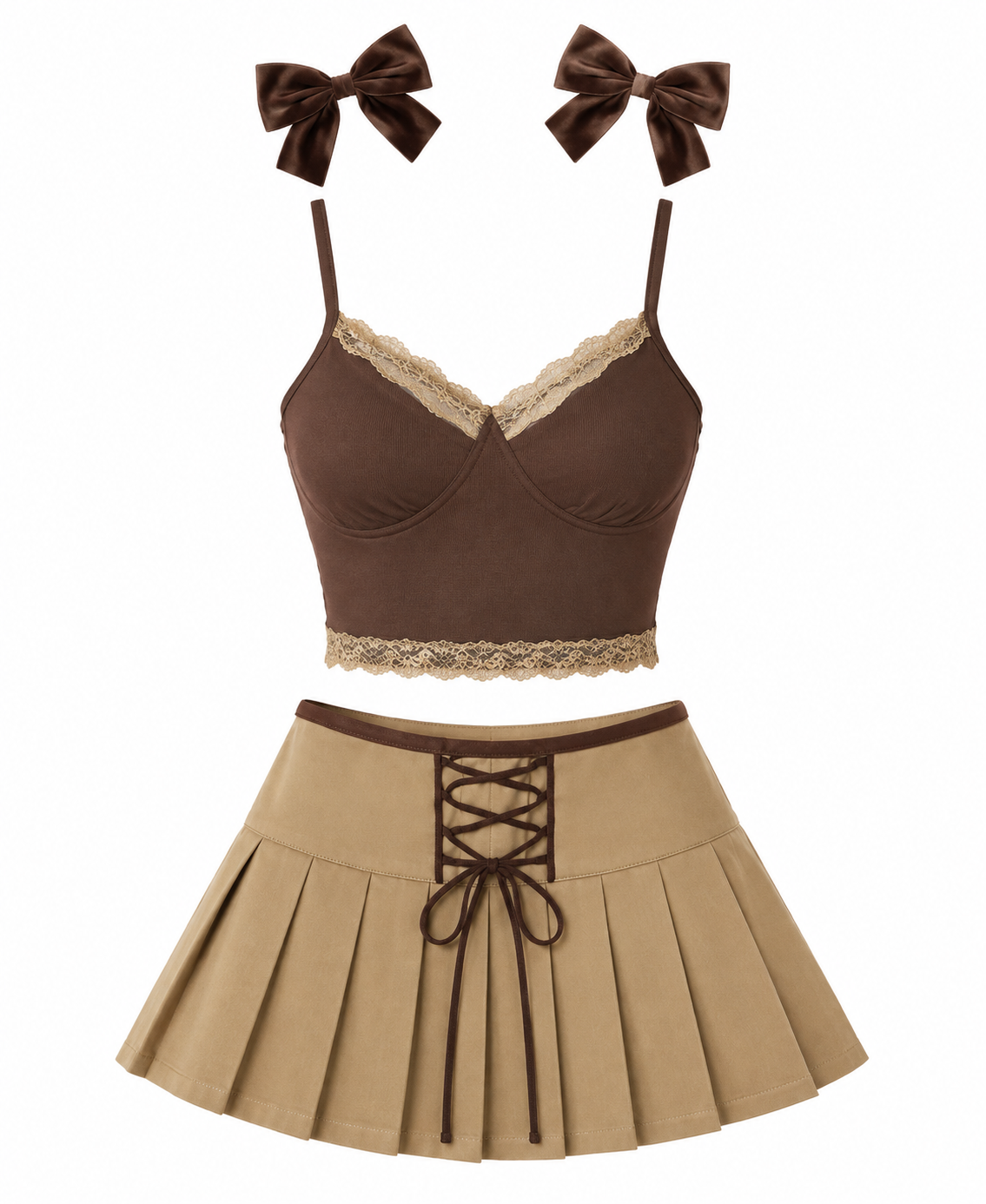 Brown Lace Cami & Khaki Skirt
