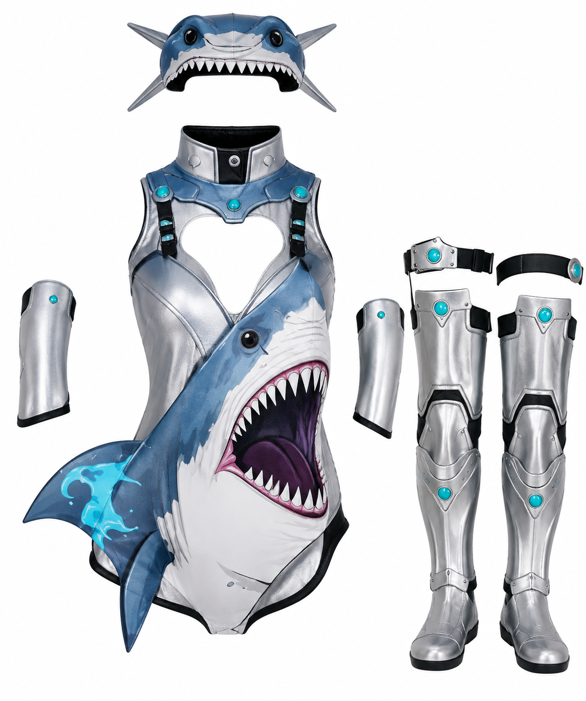 Silver-Blue Shark Mecha Bodysuit