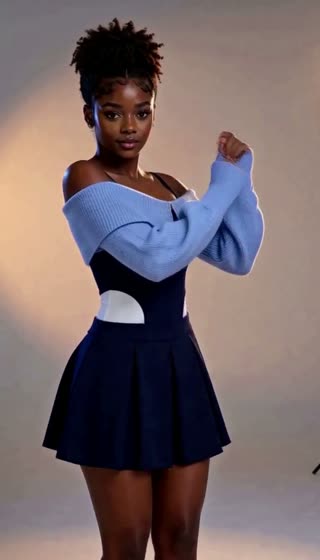Blue Off-Shoulder Knit & Navy Skirt Set